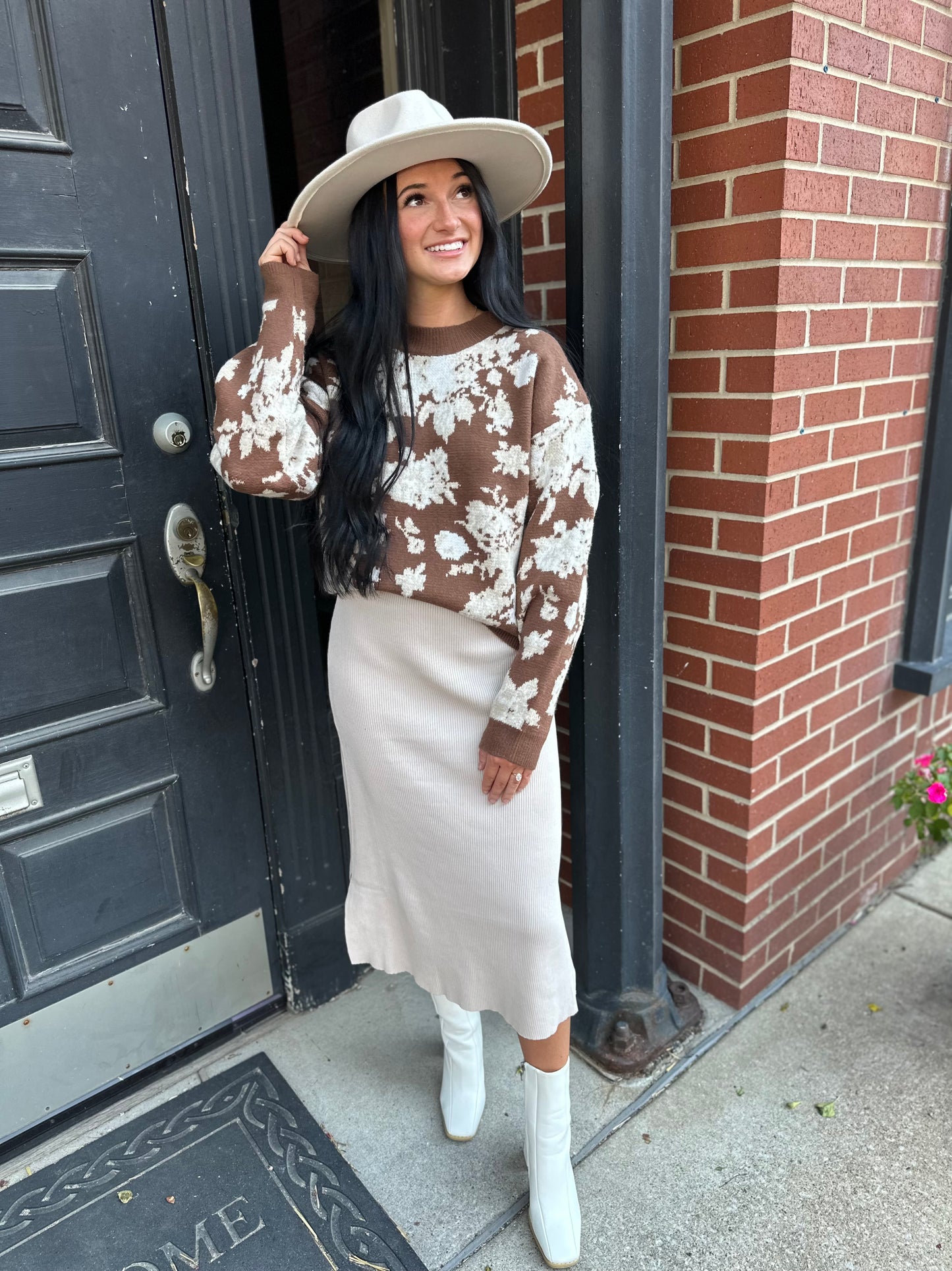 chocolate/cream floral sweater