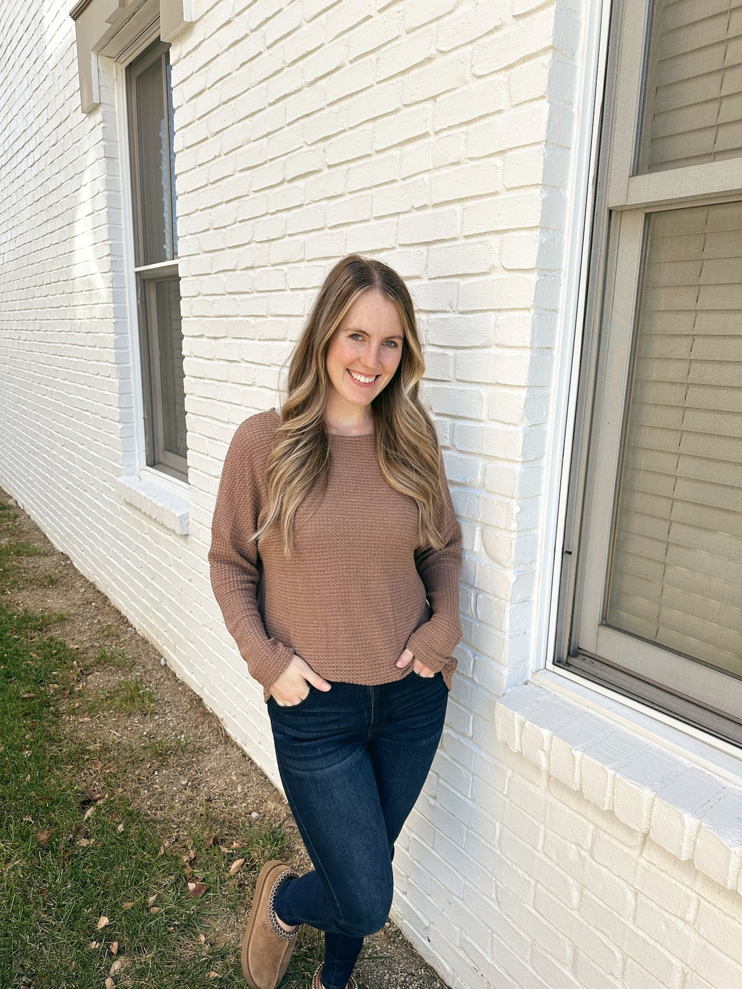 brown waffle knit top