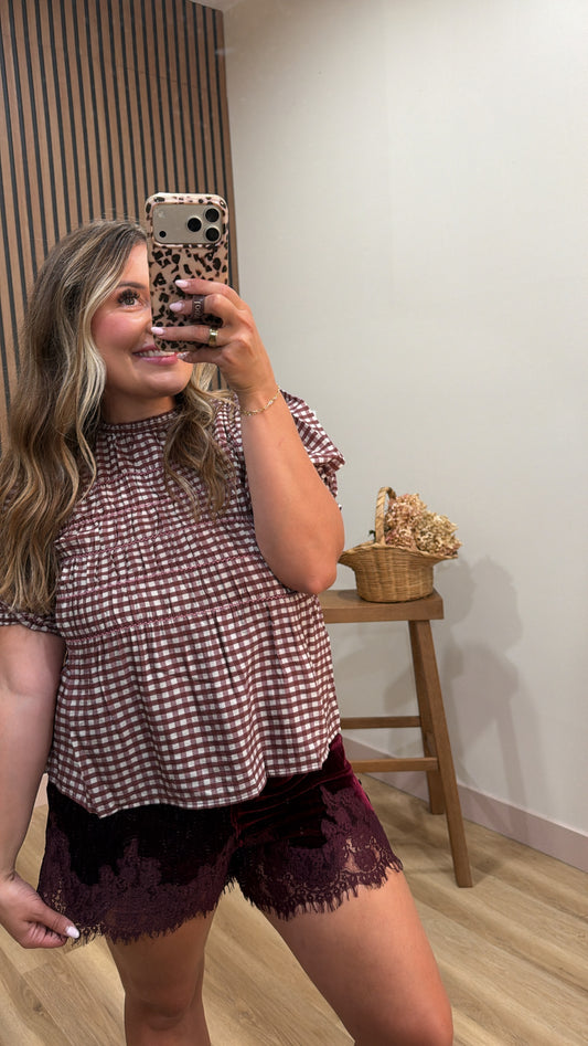 GINGHAM SMOCKED BLOUSE