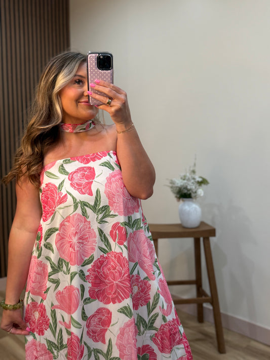 PEONY PRINT STRAPLESS MAXI