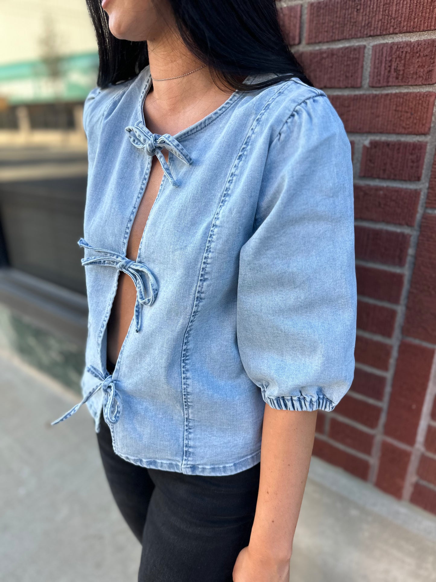 denim bow tie top