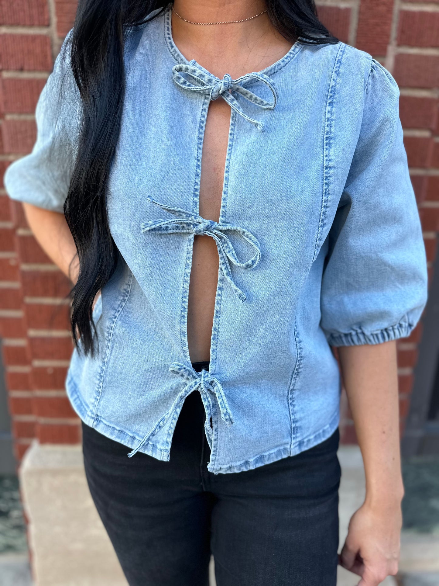 denim bow tie top