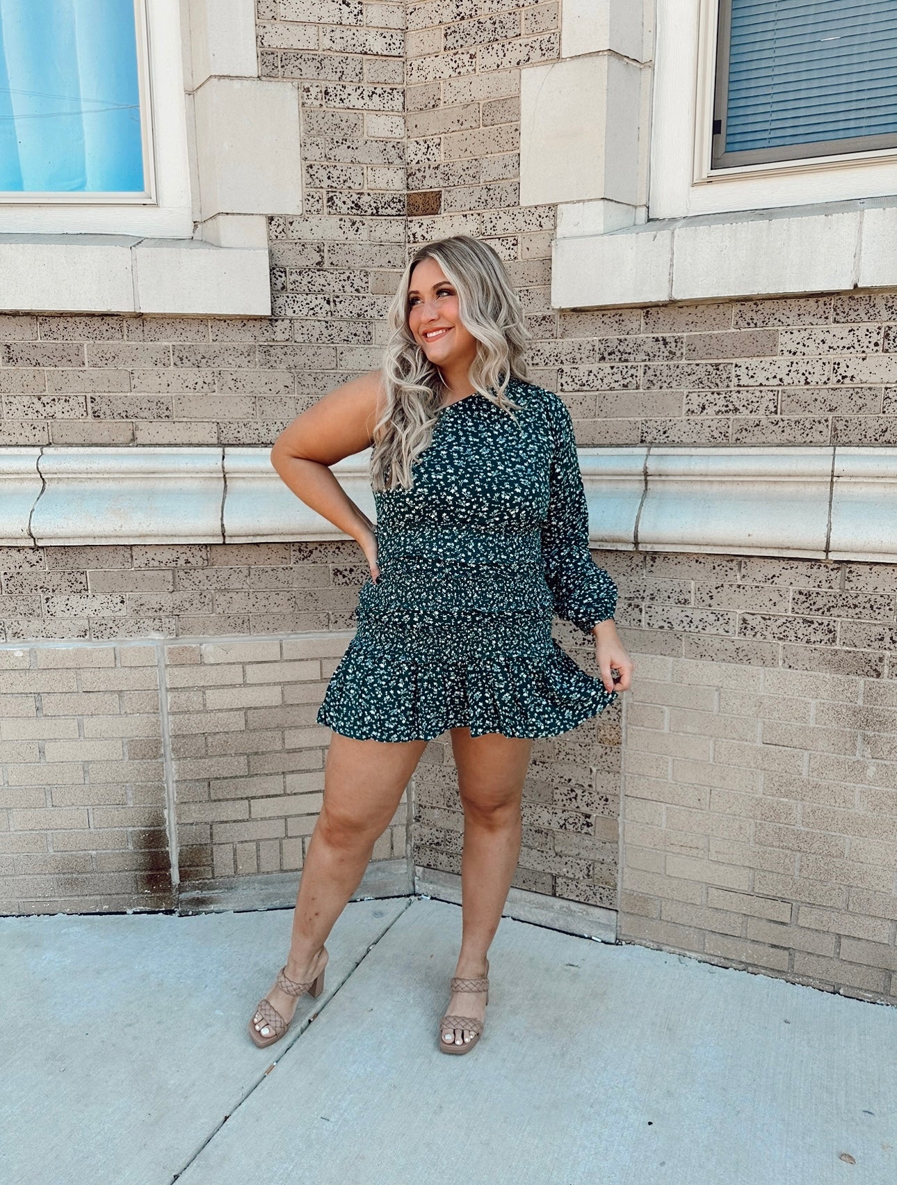 teal floral one shoulder dress