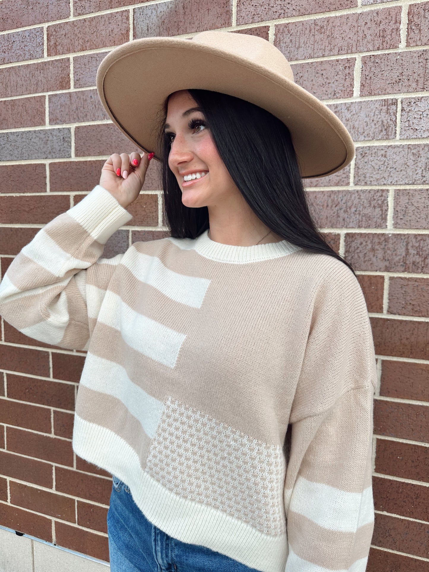 beige mom abstract sweater